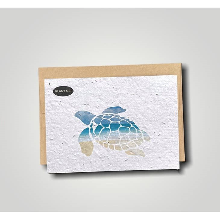 Seed paper greeting card with turtle illustration and plant me text in the top corner. Wordkind.